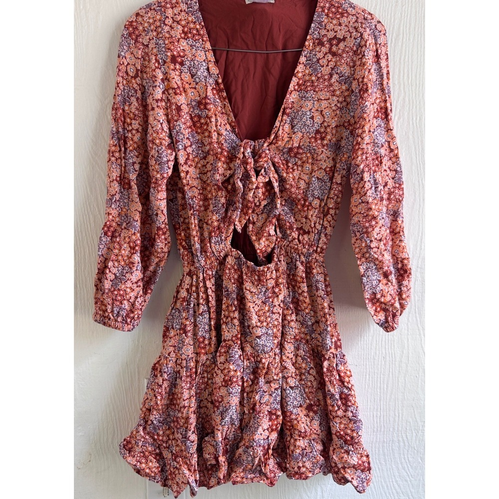 L*Space Floral Mini Dress Orange Purple Tie Front Cutout Long Sleeve Small